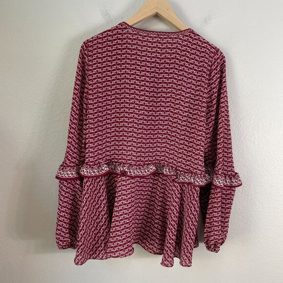 Max Studio Womens Large Burgundy White V Neck Ruffle Blouse Shirt Top - Picture 11 of 12